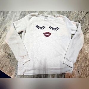 Mentally Exhausted Fuzzy Face Graphic Sweatshirt Women’s Medium Sequin Lips Eyes